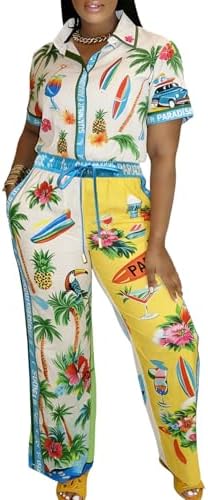 Women’s 2 Piece Outfit Tropical Print Short Sleeve Shirt and Pant...