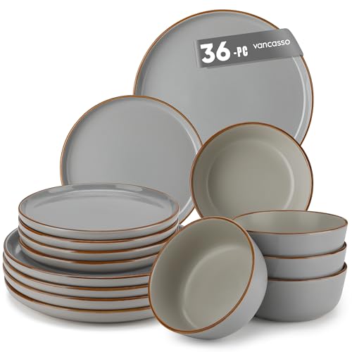 vancasso Reno Stoneware Dinner Set for 6, 36 Pieces Plates and Bowls Set with Dinner Plates, Dessert Plates & Cereal Bowls, Grey Speckled Crockery Set, Chip & Scratch Resistant