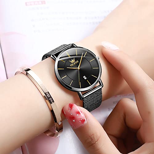 OLEVS Ladies Watch Black Faced Stainless Steel Mesh Strap Ultra Thin Waterproof Japanese Quartz Dress Date Women Wrist Watch - Image 5