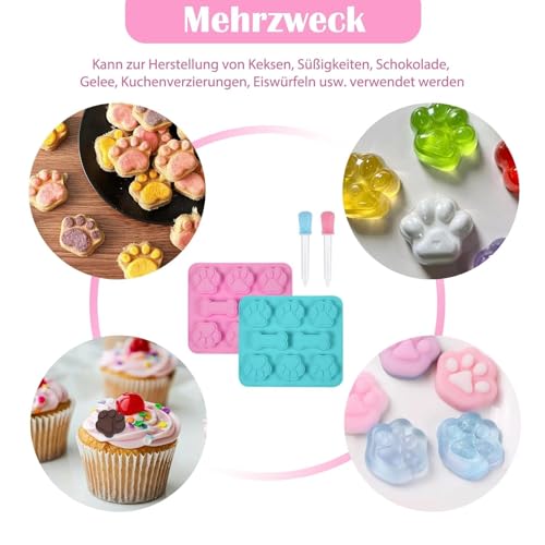 2 Stück Backmatte Hundekekse, Silikon Backmatte für Hundeleckerlies Set, Silikonform Hundeleckerli, Hundekekse Backform mit 2 Tropfer, Hundepfoten Silikonformen, für DIY Hundeleckerlies, Schokolade