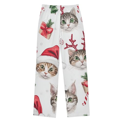 Xmas Cat Candy Cane Boys Long Pants Soft Trousers Elastic Waist Kids Lounge Bottoms with Pockets S-XL