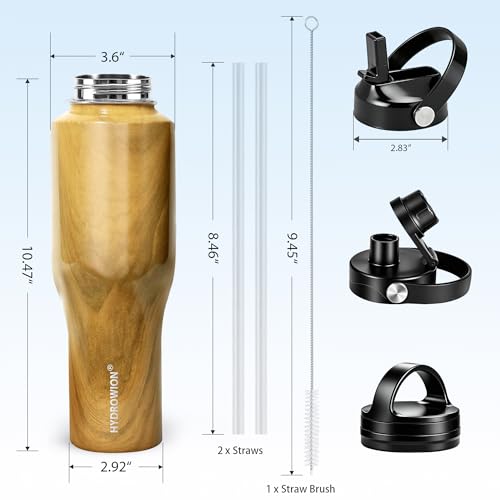 Image of HYDROWION Water Bottle Stainless Steel,Vacuum Insulated Leak Proof Tumbler 32oz with Straw Lid, Spout Lid and Flex Cap(Cold for 48 Hrs, Hot for 24 Hrs), Fit in Any Car Cup Holder, Wood