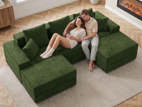 Image of Living&Giving 101 inch U-Shaped Cloud Sectional Couch for Living Room, Cloud Boneless Couch-No Assembly with Reversible Chaise, Customizable 3-Seat Modular Sectional Sofa with 2 Ottoman, Green
