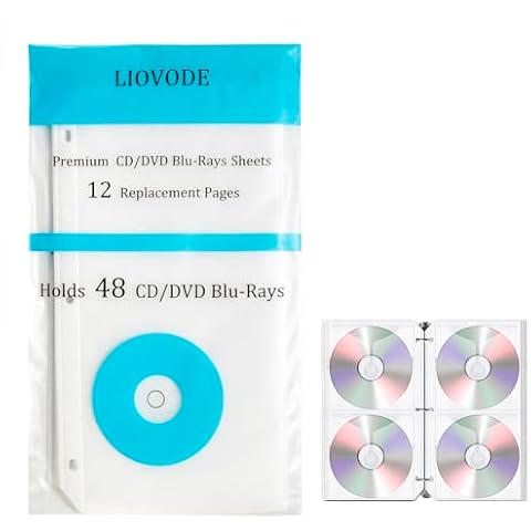 LIOVODE CD Binder Pages, Refill Sheets for 3 Ring Binders, Hold 48 DVDs, CD Case Sleeves Holder Organizer Storage for Blu Ray Inserts, 1 Pack (12 Pages) Cover