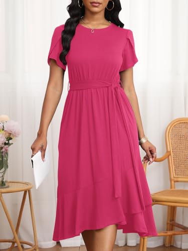 Image of PerZeal Women's Summer Dress Casual Ruffle Sleeve Crewneck A-Line Tiered Flowy Short Sleeve Long Dress with Belt