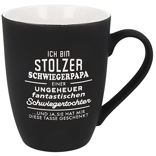 Spruchreif | Soft-Touch Tasse Schwarz Stolzer Schwiegerpapa/Tochter Beidseitig gravierte Tasse mit Spruch | Geschenk für Schwiegervater von der Tochter | 350 ml