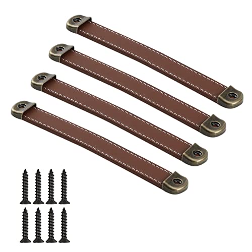 CONPHERON 4 Pcs Vintage Leather Handles Furniture Kitchen Drawer Pull Cabinet Door Handle Retro Handmade Leather Handles for Cupboard Pulls Drawer Knobs 160mm