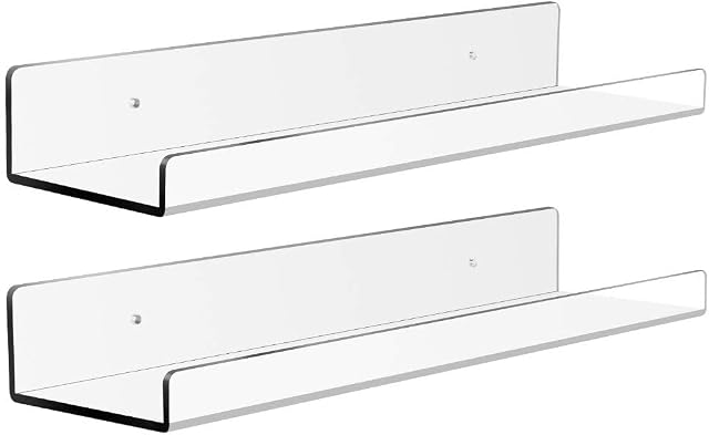 Acrylic Floating Kitchen shelf 15 Inch,Clear Invisible Wall Bookshelves Ledge Bathroom shelf and Small Toy Display Shelf Wall Mounted,5MM Thick,2 PCS
