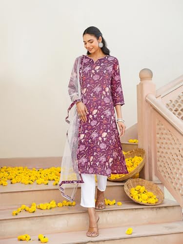 Image of Vaamsi Women's Printed Floral Kurta Trousers With Dupatta (VKSKD1712 L Purple)