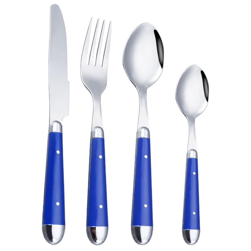 16-teiliges Edelstahl-besteckset, Farbenfrohe Griffe Mit Blauen Nieten, Service Für 4 Personen, Bestehend Aus Gabel, Löffel Und Messer, Spülmaschinenfest