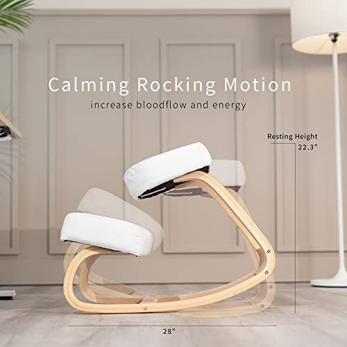 Vivo Wooden Rocking Kneeling Chair, Ergonomic Rocker Stool For Home And Office, Angled Posture Seat, Light Wood Frame & White Cushions, Chair-K04Rw #TOP3
