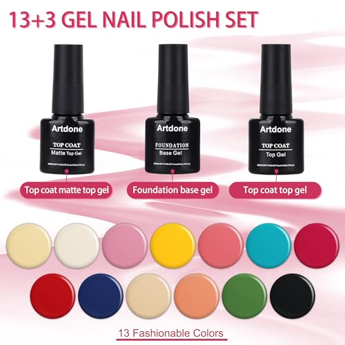 Artdone Gel Nail Polish Set Solid UV Gel 16 Bottles Set Include Top & Matte Top Coat and Base Coat White Pink Yellow Blue Red Colors For All Seasons Neutral Soak Off Manicure Kit For Nail Art - Image 3