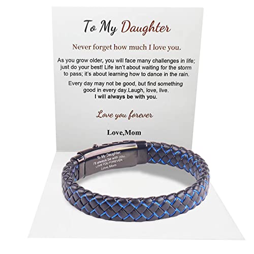 To Daughter Blue Braided Leather Bracelet Love You Forever Adjustable Cuff Bangle Bracelet,Women's Stainless Braided Leather Bracelet Bangle Wristband Graduation Birthday Gift
