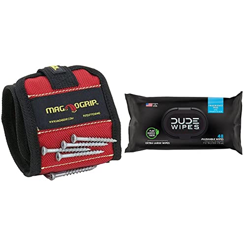 MagnoGrip 311-090 Magnetic Wristband,Red & DUDE Wipes Flushable Wipes Stocking Stuffers - 1 Pack, 48 Wipes - Unscented Wet Wipes with Vitamin-E & Aloe for at-Home Use - Septic and Sewer Safe