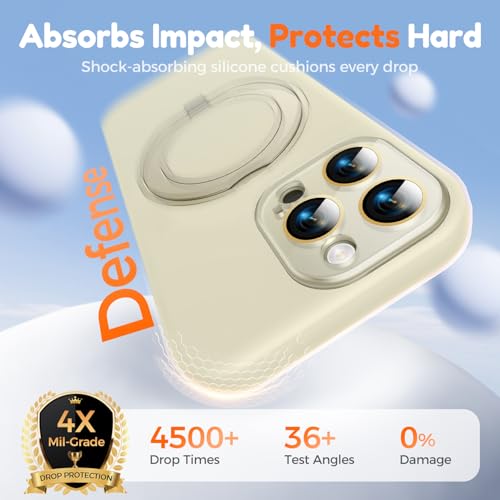 Image of Silicone 360 Spin Magnetic Stand Case for iPhone 16 Pro Max, [Compatible with Mag-Safe][Reinforced Hard Camera Protection] Liquid Silicone Rubber Phone Cover with Ring, Camera Button, Ivory