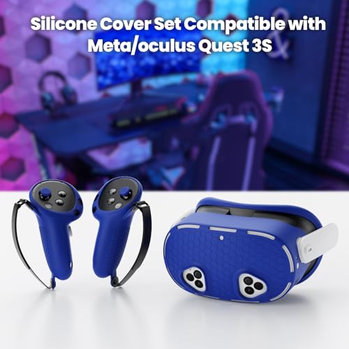 Silicone Cover Set Compatible with Meta/Oculus Quest 3s Accessories, VR Silicone Face Cover, VR Shell Cover,Touch Controller Grip Case,Camera Lens Protector Set (Blue) - Thumbnail 5