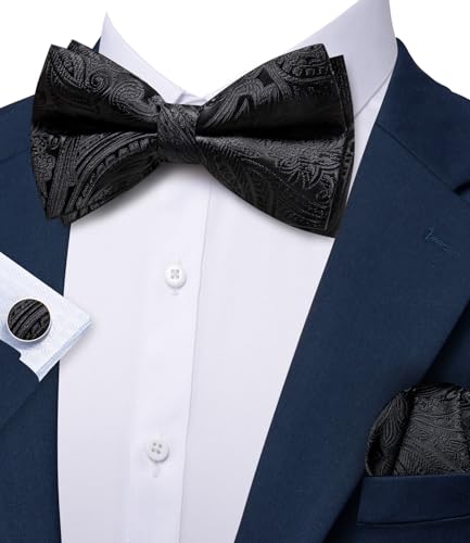 Image of Barry.Wang Paisley Striped Bow Tie for Men Silk Pre-Tied Bowtie Pocket Square Cufflinks Set Formal Wedding Party Prom