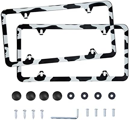 LivTee 4 Holes Stainless Steel License Plate Frames, 2 PCS Car Licence Plate Covers, Automotive Exterior Accessories Slim Design with Bolts Washer Caps for US Vehicles, Cow Spot