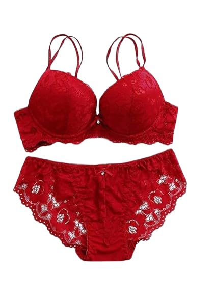 M R Shopzilla Women's Bra Panty Set Lace Push Up Underwired Solid Lingerie Set Bikini Set for Women Lingerie Set for Women Red-picture-53