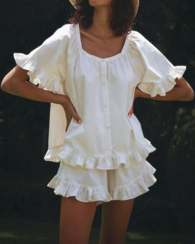 Image of Womens Ruffle Pajama Set Short Sleeve Button Down Top and Shorts | Cotton Ruffle Pajamas Set, Ruffle Shorts Set Women, 2 Piece Shorts Set for Women