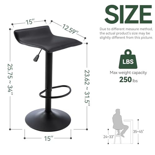 Image of Vogue Furniture Direct Adjustable Bar Stools Set of 2, Modern Swivel PU Leather Airlift Barstools, Backless Kitchen Counter Height Bar Chair for Dining Room (Black, Black Base)