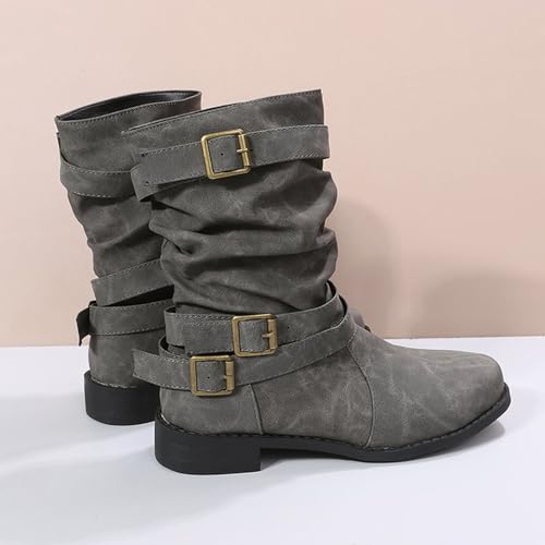 Women's Leather Slouchy Buckle Mid-Calf Boots Comfort Wide Round Toe Slip On Lug Sole Motorcycle Combat Boots Winter Low Heel Knight Boots Wide Calf Knee High Boots4