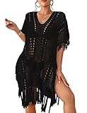 Bsubseach Crochet Coverups for Women Tassel Hollow Out Slit Swimsuit Coverup Bathing Suit Cover Up Beach Dress Black
