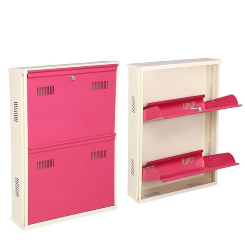 Image of Metal Shoe Rack Wall Mounted for Home with Central Locking 2 Door 20 inch Wall Mounted Metal 4 Pair Rack Cabinet Pre-Assembled Shoe Rack Shelves 3 Years Warranty (Pink & Ivory)