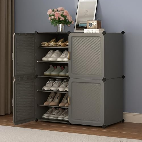 Image of Modular Shoe Rack Organizer with Drawer Storage, Multi-Layer Foldable Shoe Cabinet with Dustproof Doors for Home Entryway Bedroom (Grey, 4-Door)