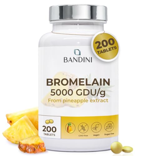 Bandini Bromelain High Strength 5000 GDU/g per Serving - 200 Gastro-Resistant Tablets - Digestive Enzyme Strong Bromelain Pure Pineapple Extract High Dose Made in Italy No Additives 100% Vegan