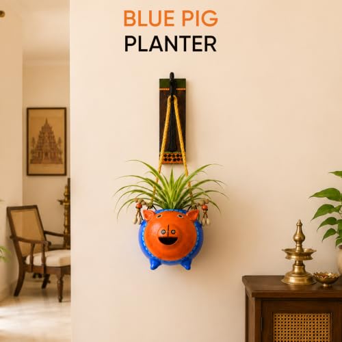 Image of AAKRITI ART CREATIONS Wall Hanging Planter with Hook | Blue Pig Design, Modern Art, Matte Finish | Metal, Terracotta & Wood | Decorative Hanging Pot for Indoor & Outdoor Home Decor