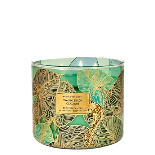 Bath + Body Works Waikiki 3-Wick Candle – Beach Coconut Tropical Summer Scent – 14.5 Ounces w/Decorative Gold Lid