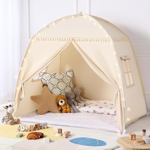 Medium Toddlers Bed Tent Canopy: with Lights and Flags for Girls and Boys House Gifts - Monobeach Kids Play Tent Indoor Princess Toys - Portable and Foldable Children Playhouse Outdoor Cover