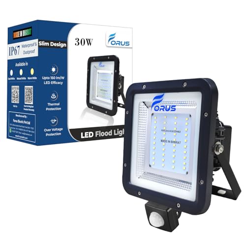 Image of Forus 30W LED Outdoor Flood Light with Motion Sensor, 8-15ft Detection, Auto On-Off, Day-Night Dual Mode, IP67 Waterproof, 4-Year Warranty, Security Light for Factory, Shop, Garden, White-1PC