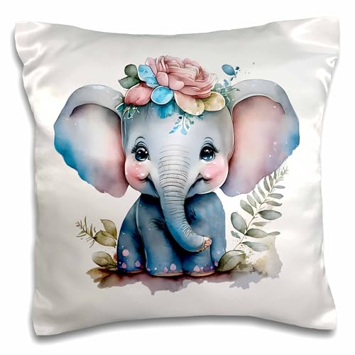 3dRose 16x16 inch Pillow Case - Cute Baby Floral Elephant Illustration Illustrations