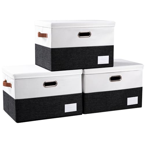 PRANDOM Recipientes de armazenamento dobráveis com tampas [pacote de 3] caixas de armazenamento dobráveis de tecido, cestas cubos com alças para armário, sala de estar, quarto (preto e branco, 17,7