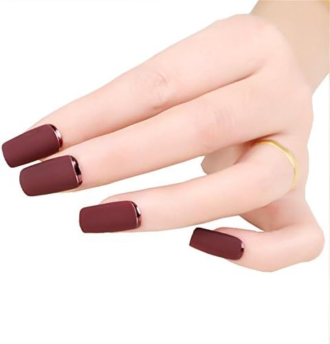 Brown Red Fake Nails Matte Metal Manicure French Long Design Full Cover False Nails with Metal Side Nail Tips 24pcs/set