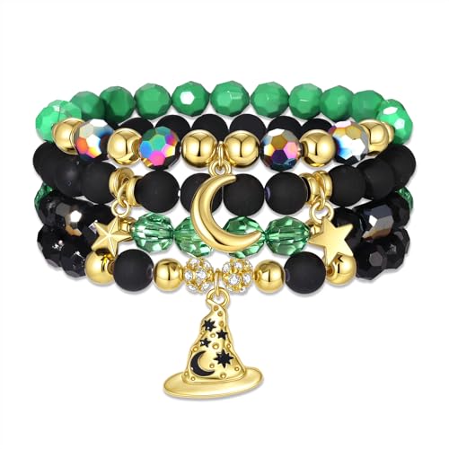 NLCAC Pink Green Witch Princess Friendship Matching Bracelets Crown Witch Hat Bracelets for Elphaba Glinda Fans Witch Merch Jewelry BFF Couples Accessories Gifts