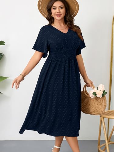 Image of RWJ Women's Plus Size Maxi Dress V Neck Short Sleeve Swiss Dot A Line High Waist Boho Swing Casual Summer Dresses