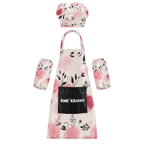 Bulletgxll Pink Roses Kids Apron and Chef Hat Set Adjustable Bib Aprons with Pockets for Cooking Baking Painting