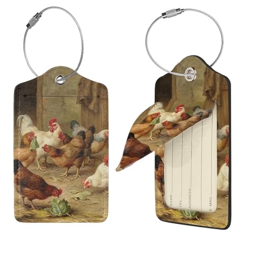 Étiquette bagage cuir et boucle acier inoxydable motif poule