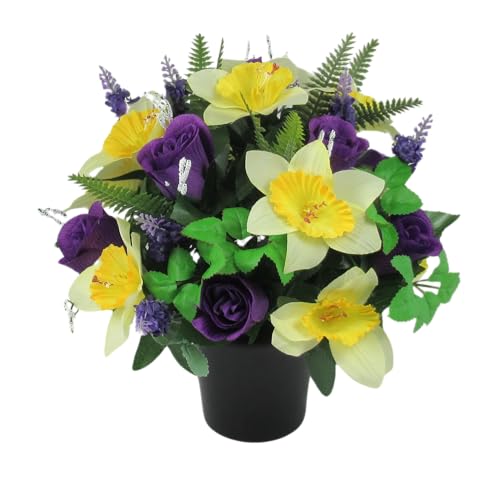 Just Because Silk Flowers Artificial Grave Flower Arrangement with Daffodils and Rosebuds