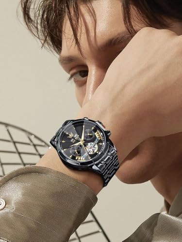Image of OLEVS Men Automatic Watch Diamond Skeleton Mechanical Luxury Self Winding Moon Phase Calendar Waterproof Wrist Watch for Men