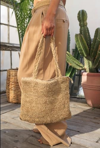 Bolso tote de hombro tejido a mano en cáñamo natural miniatura 2