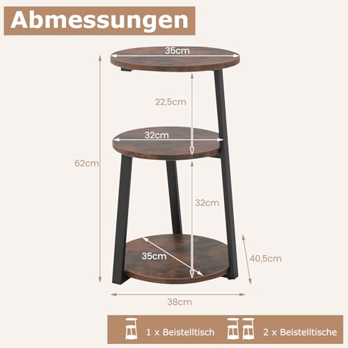 COSTWAY Beistelltisch mit 3 Ebenen, runder Sofatisch mit Metallrahmen & verstellbaren Fußpads, Nachttisch für kleinen Raum, Kleiner Couchtisch für Wohnzimmer, Schlafzimmer, 40,5 x 38 x 62 cm – Bild 4