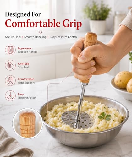 Image of Ajay's Shoppe Heavy Duty Stainless Steel Potato Masher 20.5 CM | 10.2 CM Wide Base Pav Bhaji Masher with Wooden Handle for Kitchen Use