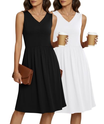 Image of NILOUFO Sleeveless Dress for Women Summer Knee Length Sundress with Pockets | Sundresses for Women Tank Empire Waist Sun Dress Cold Shoulder Casual V Neck Midi Dress Flowy Summer Dresses for Women