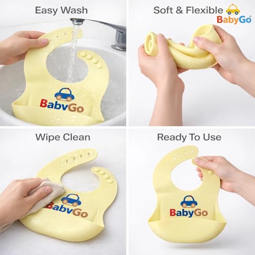 Image of BabyGo Silicone Bib for Feeding & Weaning | Adjustable Neckline with Buttons | BPA Free | Waterproof | Washable & Reusable | 0-24 Months | Soft, Mess Proof Baby Feeding Bib | Yellow | Pack Of 1