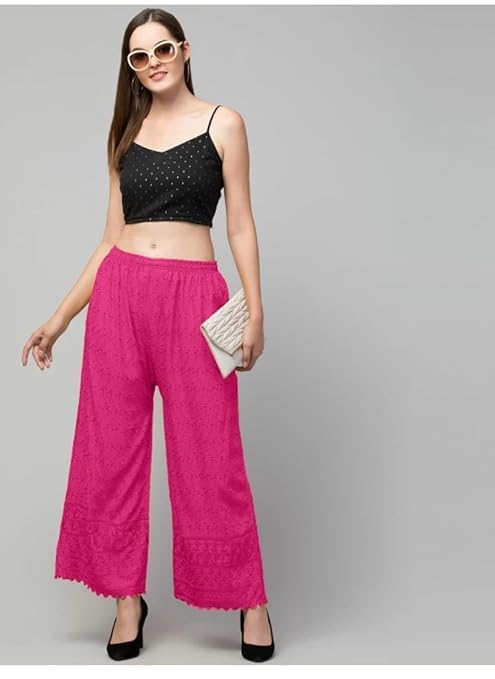 Image of Women's Palazzo Pants Rayon Trousers Chikankari Embroidered Lace Trim Wide Leg Straight Fit Flared Palazzo for Girls & Women