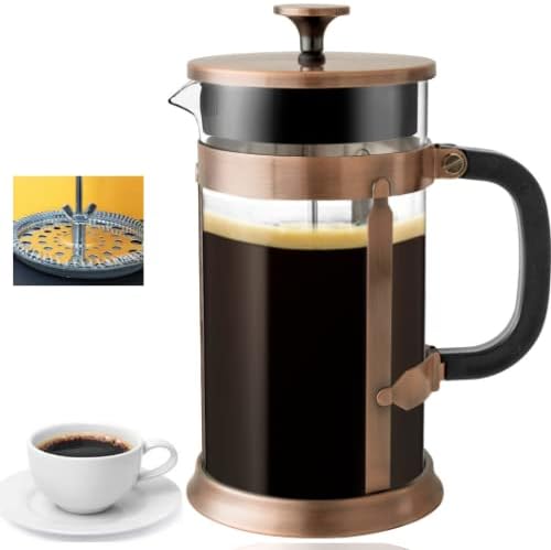 coffee press French Press Coffee Maker with 2 Extra Screens, 34oz, French Press Stainless Steel 304 Grade, Easy Disassemble Design Double Filter, Thick Heat Resistant Glass Pot (Copper)